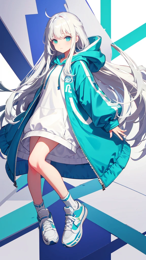 whole body、Character portrait、White Hair、Blue-green eyes、Long Hair、Straight Hair、White hoodie、White shoes、White background、Simple Background