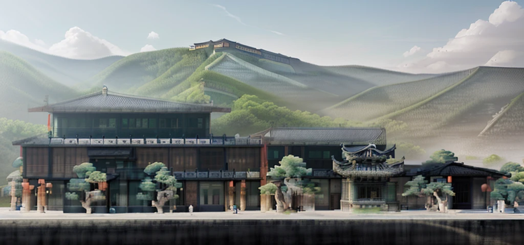 Highest quality，Chinese Ink Painting，antiquity,Rural buildings between mountains and rivers，Rectangular architecture，People view，Glass facades，Clean sky，Clean glass，Trees，Soft sunlight，Decorative Arts，Sloped roof，Best quality,Architectural Photography,Photorealism,Hyperrealism,Ultra Detailed，V-ray，（architectural design）