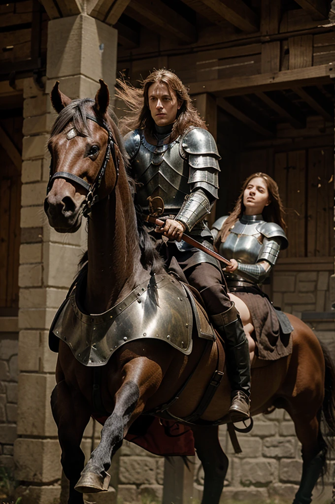 Create a medieval English knight with an ENFJ personality, wielding a sword, riding a powerful stallion.
