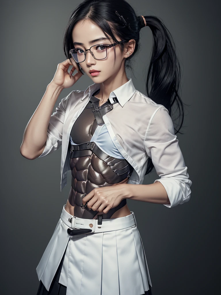 Pretty nerdy Japanese girl, detailed face and eyes, looking at viewer, masterpiece, best quality, shallow depth of field, 8K HDR, huge breasts, 85mm photo, shallow depth of field, tack sharp, (1girl:1.9), 18 years old, , black hair, tanned skin, short ponytail, 4’9” height, (wearing eye glasses a white button up school blouse a black blazer and a black pleated skirt:1.3), (showing abs, chiselled abs, shredded 12-pack abs:, abs of steel, shredded abdominal muscle, cut lower obliques, washboard abs:1.7), (slim body:1.2), gorgeous, standing in the park, wearing make up, (beautiful feminine face:1.8)