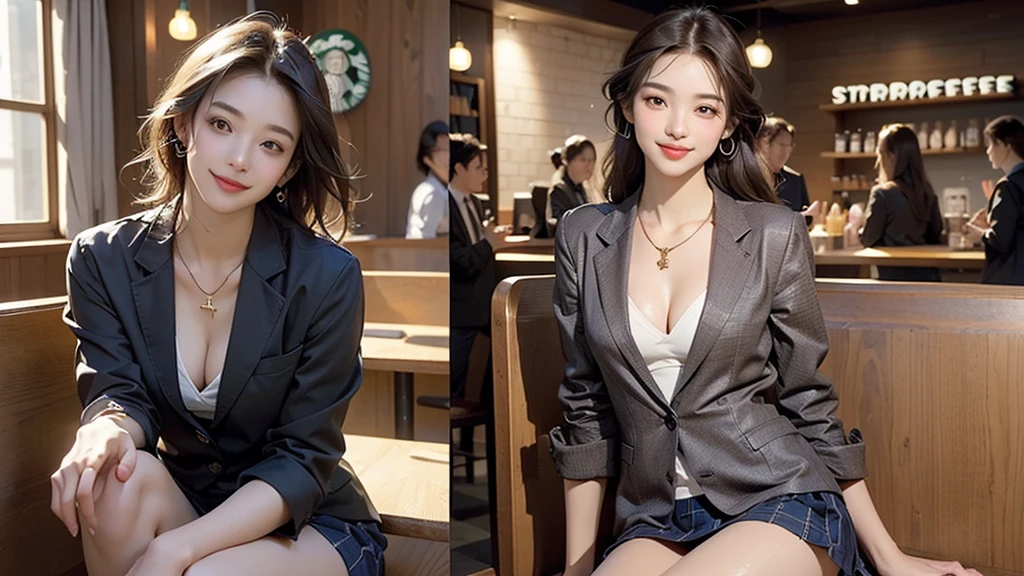 (((night,真night中))),((Perfect Anatomy:1.2,Realistic:1.3,RAW Photos:1.3,masterpiece、Highest quality、Ultra - High resolution、High resolution、Highly detailed CG、8K)),Cowboy Shot,((attractive way to sit)),1 female,alone,18-year-old、High school girl beautiful girl,Japanese,((Beautiful and graceful face and eyes:1.2,Big beautiful eyes:1.3,)),blonde,Long Hair,(Center parted hair:1.4,amount),Medium Chest,Slender body,Small Head:1.3,skinny,(Brown Skin:1.4),(Oily skin,Glowing Skin,Shiny skin,Sweat:1.2),(school uniform、Dark blue blazer jacket、Checkered pleated mini skirt),Dirty back alley、Tokyo、((Turn your body forward))
(((((Inside the Starbucks store)))))、歳のFemale studentの女、((((Eat cake、Drink coffee、smile))))、((Heart Necklace、Gold bracelet))((Young face))
(((((Stylish interior)))))、
(((Female student)))
((Emphasize cleavage))
((((Woman sitting at the window seat))))
