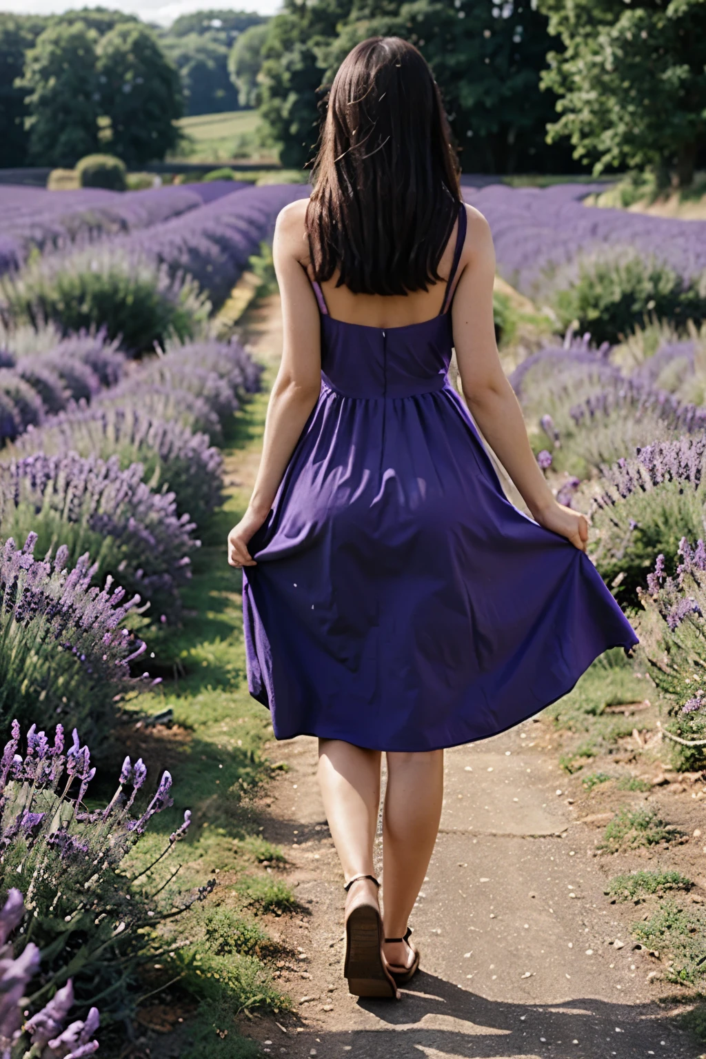 lavender field, walking woman seen from behind, dress,