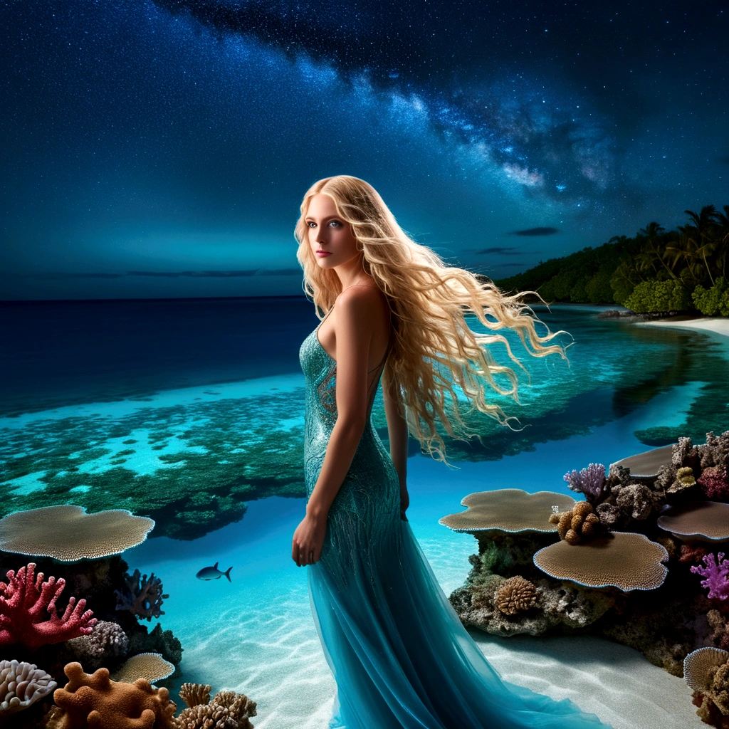 On a dark moonlit night, From a higher vantage point, See the turquoise lagoon stretch to the horizon. To the left, a beach lined with palm trees nestles under an endless crystal-clear turquoise blue lagoon with detailled huge Illuminate barrier reef, Illuminate fishes abd jellyfishes, No month, Black Sky, Details to be revealed, Moved by delicate waves. In the sky, A swirling galaxy evolves into a giant blue eye, More detailed and majestic, Against the backdrop of a starry sky decorated with nebulae and space dust. The bright reflection of these blue eyes and the starry sky is intensely reflected on the water surface.. ((Coastal, Woman with long blonde hair, Flowing Hair, She wears an exquisite, diaphanous gown that seems woven from heavenly fabric., Stand upright, Be fascinated by the wonders of space)). ((The water near her is crystal clear., revealing detailled huge Illuminate barrier reef, Illuminate fishes abd jellyfishes multicolored bioIlluminate algae and richly detailed marine life)). In the middle of this scene, Joyful dolphin jumping out of the water, Adding life and movement. This work、Against a complex and detailed background、It had to capture the essence of moonlight and fantastical realism.。, Ultra-realistically rendered, Truly stunningly beautiful scenery, Very saturated colors, Illuminate, The Shining Fourth Dimension,