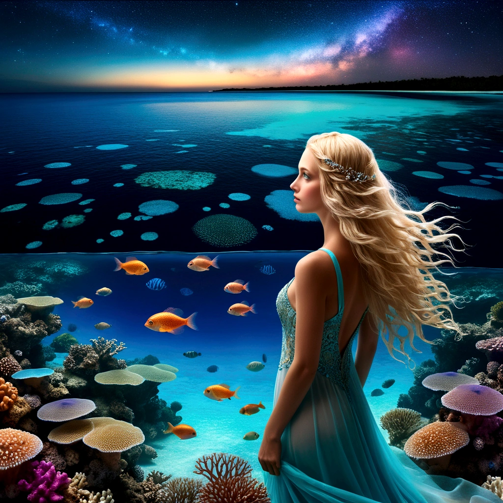 On a dark moonlit night, From a higher vantage point, See the turquoise lagoon stretch to the horizon. To the left, a beach lined with palm trees nestles under an endless crystal-clear turquoise blue lagoon with detailled huge Illuminate barrier reef, Illuminate fishes abd jellyfishes, No month, Black Sky, Details to be revealed, Moved by delicate waves. In the sky, A swirling galaxy evolves into a giant blue eye, More detailed and majestic, Against the backdrop of a starry sky decorated with nebulae and space dust. The bright reflection of these blue eyes and the starry sky is intensely reflected on the water surface.. ((Coastal, Woman with long blonde hair, Flowing Hair, She wears an exquisite, diaphanous gown that seems woven from heavenly fabric., Stand upright, Be fascinated by the wonders of space)). ((The water near her is crystal clear., revealing detailled huge Illuminate barrier reef, Illuminate fishes abd jellyfishes multicolored bioIlluminate algae and richly detailed marine life)). In the middle of this scene, Joyful dolphin jumping out of the water, Adding life and movement. This work、Against a complex and detailed background、It had to capture the essence of moonlight and fantastical realism.。, Ultra-realistically rendered, Truly stunningly beautiful scenery, Very saturated colors, Illuminate, The Shining Fourth Dimension,
