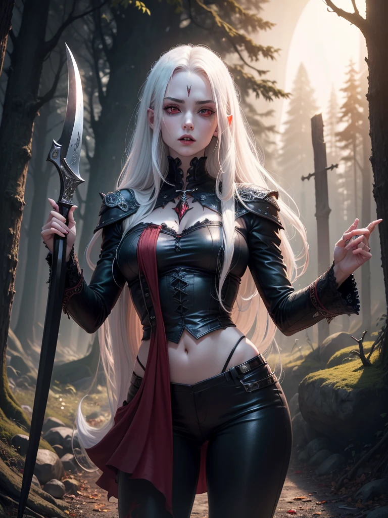 (Mindfuck art design, masterpiece, ultra detailed 4k high resolution HD, fan art,) A pale man, white darkness man vampire, see the vamp tooth, long hair, red eyes, with a vampire pant, in the forest on the moonlight, dark horror, dark fantasy, blood everywhere, lugubrious, disaster recovery heal. Look like the one, the only last vampire, very strong, weapon from future, long knife like sword, mysterious, strange, mystical, powerful and amazing.