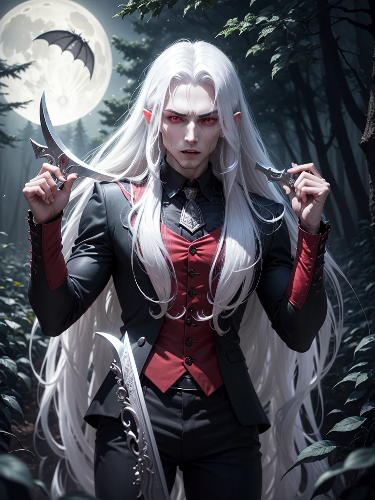 best quality, masterpiece, highres, detailed, perfect anatomy, sephiroth, <lora:Style - add_detail:0.1>, vampirism,  <lyco:Traits - Vampirism:0.9>, 1 vampire boy with fangs, claws, and evil smile drinking blood in black dress shirt, bats and blood moon in the background, victorian dress,