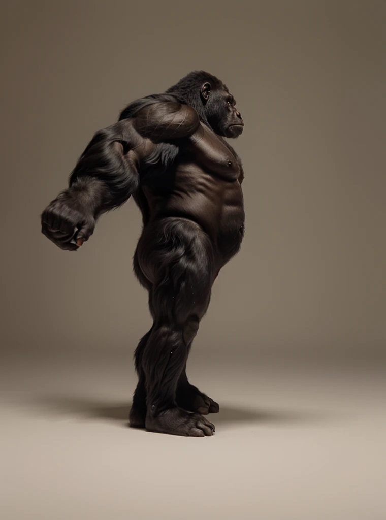 arafed gorilla standing on its hind legs with a white background, gorilla, distant full body view, bigfoot, big foot, full body wide shot, whole body highly detailed, like gorilla, sasquatch,muscular, strong body, full body profile, 1/2 view realistic, full body shot hyperdetailed, highly detailed full body, ( sasquatch, full body close-up shot