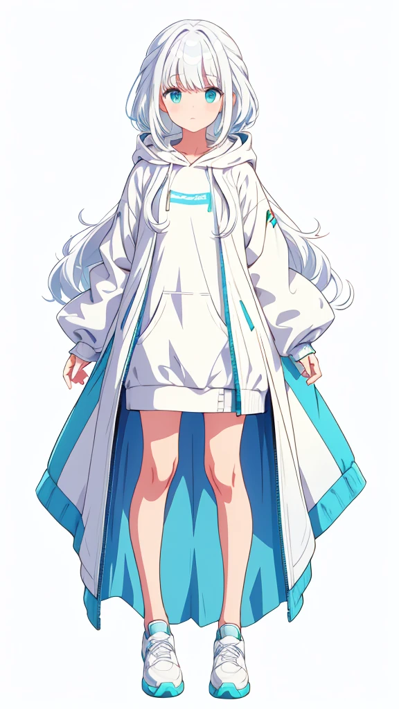 whole body、Character portrait、White Hair、Blue-green eyes、Long Hair、Straight Hair、White hoodie、White shoes、White background、Simple Background