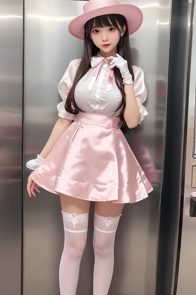 Highest quality、Elevator Girl、Shiny pink silk dress、White blouse with ribbon、Micro Mini Skirt、A small round hat with a ribbon、Skinny、White gloves、White over-the-knee socks、Flushed Cheeks、Embarrassed look、Big Breasts、Pull the skirt down with your hands