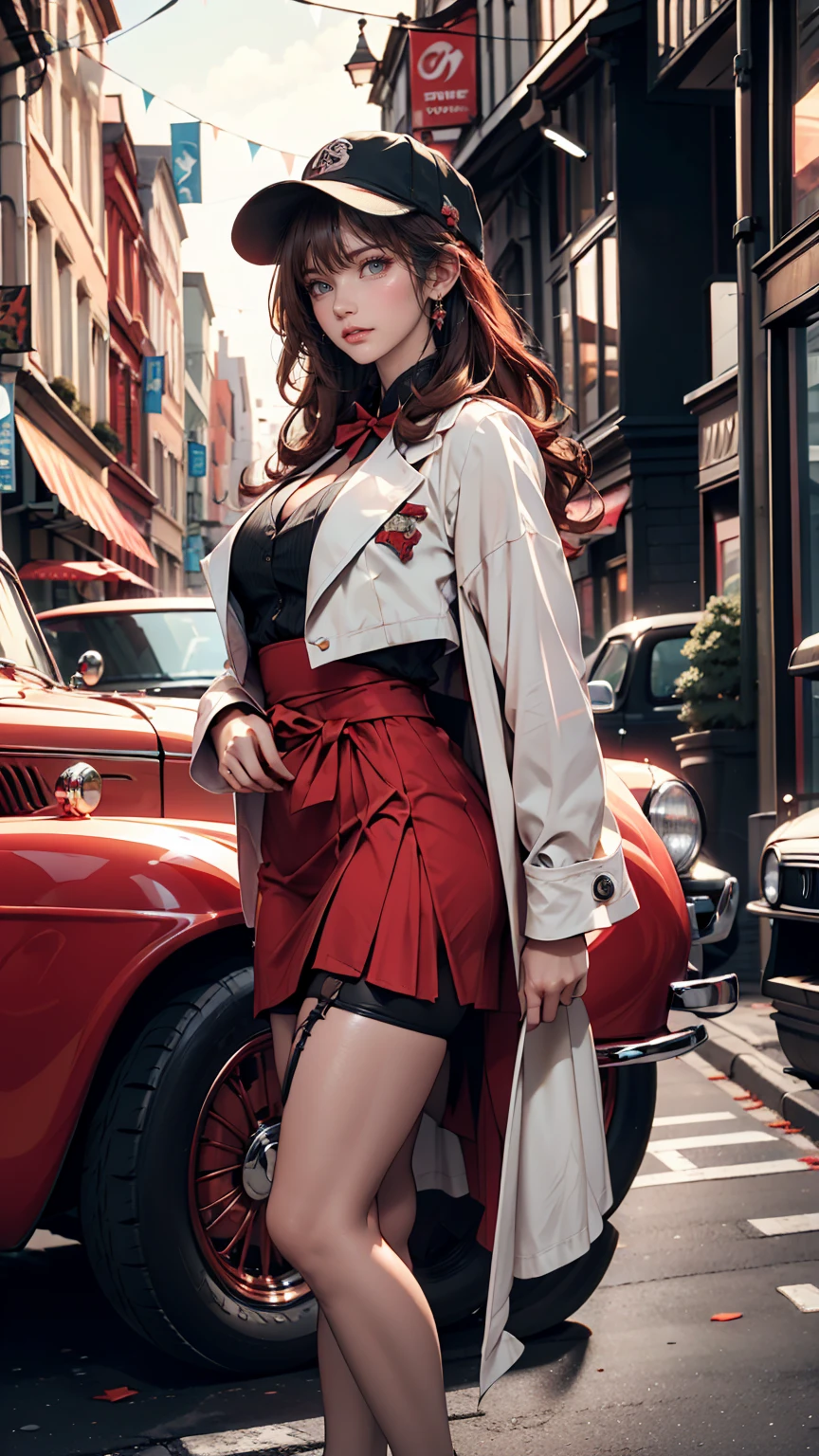 masterpiece, Pale skin, Red lips, Bright Eyes, eye shadow, Photographed from the front、A beautiful red-haired woman with medium curly hair、Standing on the street with a Thompson M1928A1 drum。, Behind her is a still green 1928 Cadillac Town Sedan., She is wearing a mafia suit in red and black colors, She has a mafia-style skirt and jacket draped over her shoulders, She also wears a hat, Garter holders and heels, Very detailedボディ, Detailed cars and clothing, Chiaroscuro, Natural light, Very detailed, She and the car focused on the image.