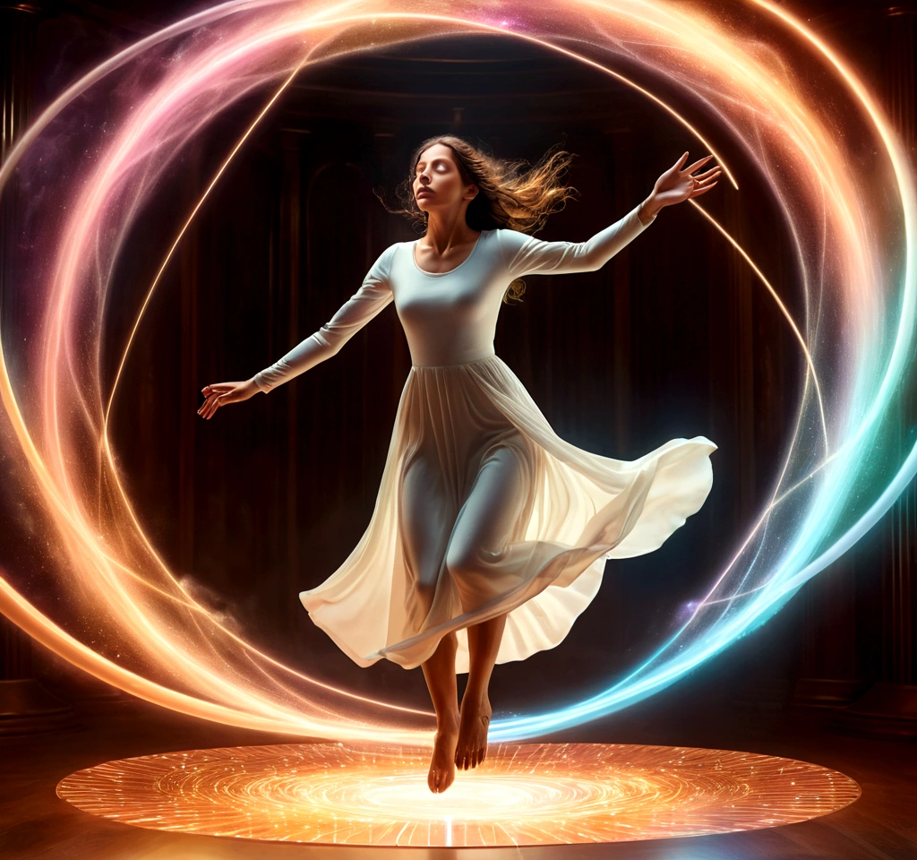 a woman levitating in a surreal, dreamlike environment, realistic, photorealistic, highly detailed, full action poses. surrounded by glowing magnetic energy fields, ethereal, otherworldly, warm color palette, dramatic lighting, cinematic composition¡Descubre los Secretos de la Levitación Magnética!