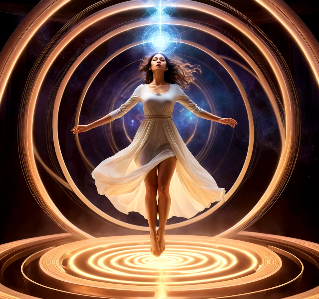 a woman levitating in a surreal, dreamlike environment, realistic, photorealistic, highly detailed, full action poses. surrounded by glowing magnetic energy fields, ethereal, otherworldly, warm color palette, dramatic lighting, cinematic composition¡Descubre los Secretos de la Levitación Magnética!
