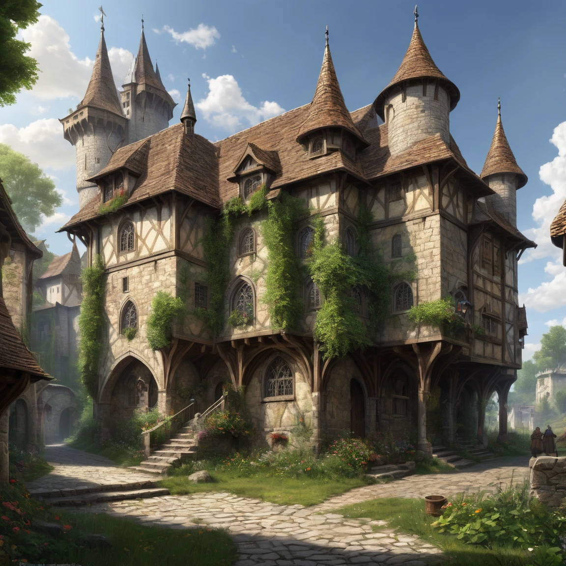 ((best quality)), ((masterpiece)), ((realistic,digital art)), (hyper detailed), (kislev ambassy), ground view, (medieval fantasy style)