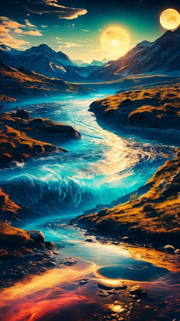 surrealism, rivers, hand touch, mountains, planets, nebulae, moon, sun