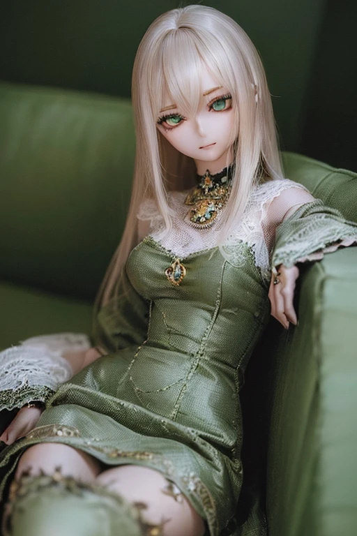 photorealistic, realistic photo, (sfw:2), ((highest quality)), ((masterpiece)), (extremely detailed), kukolnydom, doll, (mature woman:1.6), cowboy shot, solo, (skinny, slender), sitting on sofa, green eyes, almond eyes, light smile, (reclining on sofa, looking away, blank eyes, empty eyes, detailed eyes:1.3), dress, museum, 8k