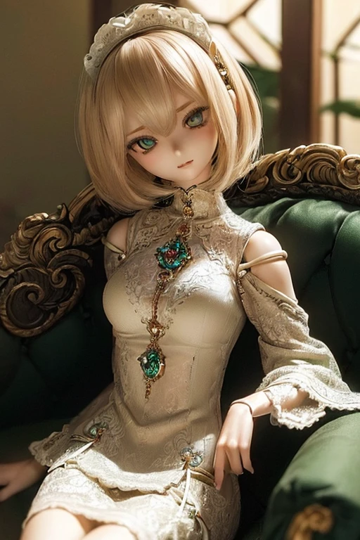 photorealistic, realistic photo, (sfw:2), ((highest quality)), ((masterpiece)), (extremely detailed), kukolnydom, doll, (mature woman:1.6), cowboy shot, solo, (skinny, slender), sitting on sofa, green eyes, almond eyes, light smile, (reclining on sofa, looking away, blank eyes, empty eyes, detailed eyes:1.3), dress, museum, 8k
