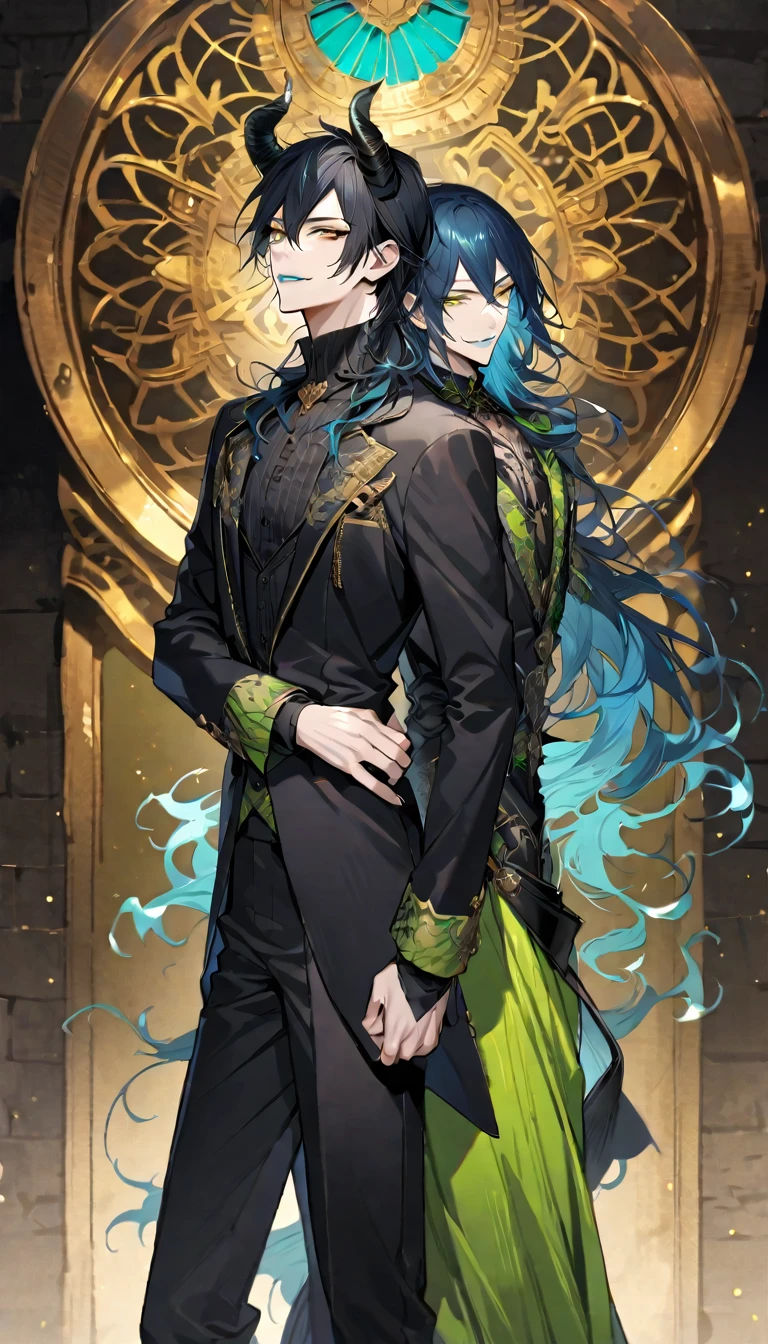 (pieces fly), (highest quality), very detailed, ((two men)), perfect face, beautiful face, very detailed face，full body shot, (black haired man:1.3)，(blue haired man:1.3)，suit，shirt，smile，flower, (1st boy,Idia Shroud, bishounen, boy, male, extremely long hair, blue hair, blue fire hair, wavy hair, yellow eyes, tired expression, blue lips, handsome, skinny, geeky, blue glow, shark teeth,) (2nd boy, malleus draconia \(twisted wonderland\) horns, bishounen, boy, male, long hair, black hair, yellow green eyes, smile, gray lips, handsome, skinny, tall, yellow green glow,)  Two men are hugging each,