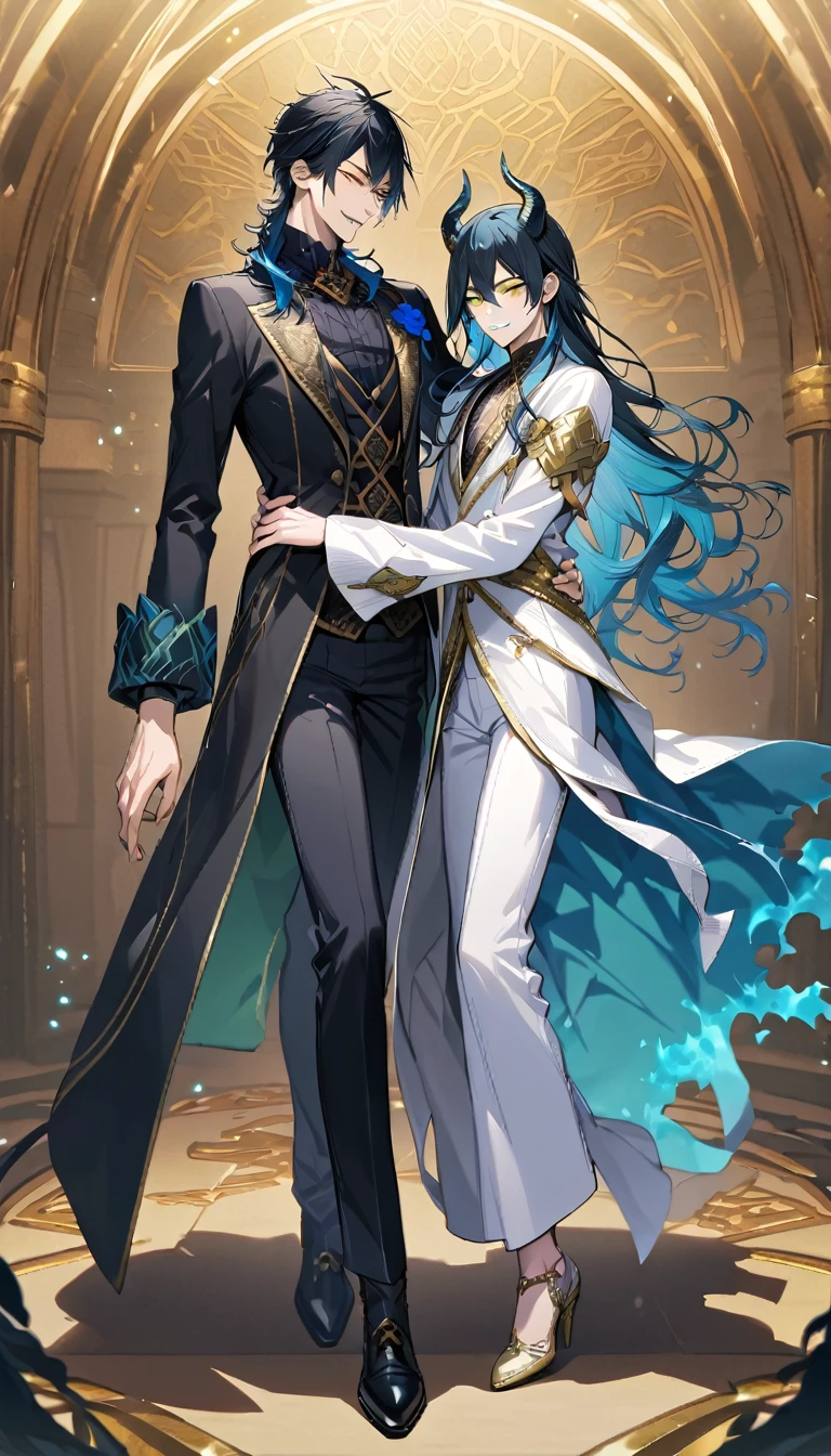 (pieces fly), (highest quality), very detailed, ((two men)), perfect face, beautiful face, very detailed face，full body shot, (black haired man:1.3)，(blue haired man:1.3)，suit，shirt，smile，flower, (1st boy,Idia Shroud, bishounen, boy, male, extremely long hair, blue hair, blue fire hair, wavy hair, yellow eyes, tired expression, blue lips, handsome, skinny, geeky, blue glow, shark teeth,) (2nd boy, malleus draconia \(twisted wonderland\) horns, bishounen, boy, male, long hair, black hair, yellow green eyes, smile, gray lips, handsome, skinny, tall, yellow green glow,)  Two men are hugging each,