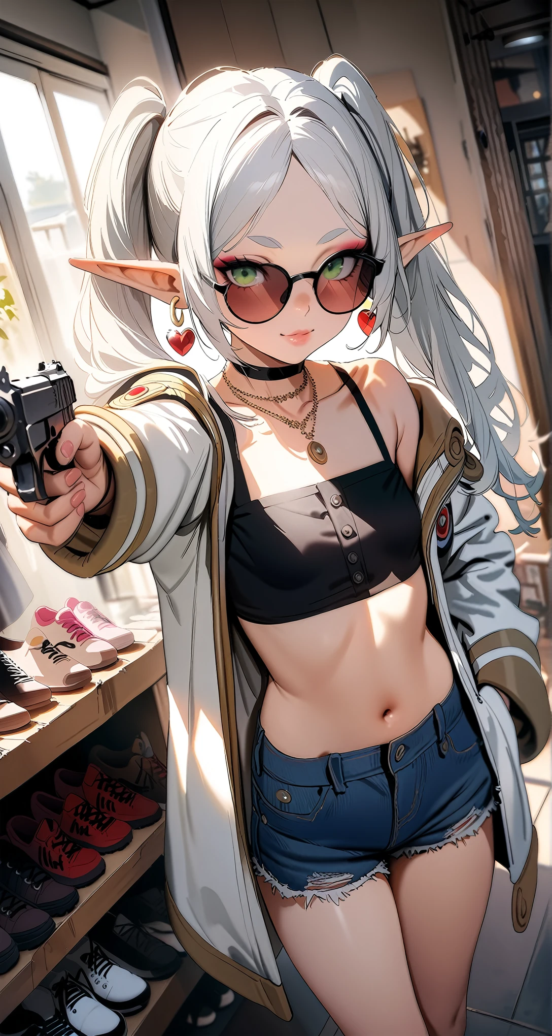 high-key and low-variance brightness scale,soft light,realistic light and shadow, light and dark interlaced,(aiming at viewer:1.4),looking at viewer,dramatic angle,(solo:1.6)
(masterpiece),(best quality),(highres),(by famous artist),(((official art))),(by Paul Hedley),(illustration),
1girl,(frieren:1.6),(elf:1.4),fashionable female
(small breasts:1.3),(whole body),(round face),(pointy ears),(slim legs),(skinny body),(detailed beautiful face),lustrous skin,shiny skin,(articulated fingers),navel,midriff,thick lips
(white jacket:1.4),(black bandeau:1.3),(unbuttoned),(frayed denim shorts),(white socks),(sport shoes),(off shoulders),(belly chain),belt,hair ornament,heart-shaped earrings,silver bracelet,black choker
indoor,(clothing store:1.4),(multiple clothes),small items on display,various accessories,jewelry,earrings,makeup,collarbone necklace,headpiece,
((seductive smile)),blush,((standing)),(holding pistol:1.4),
(sunglasses:1.2),(green eyes)
(white hair),long hair,twintails,parted bangs,(reflective hair),