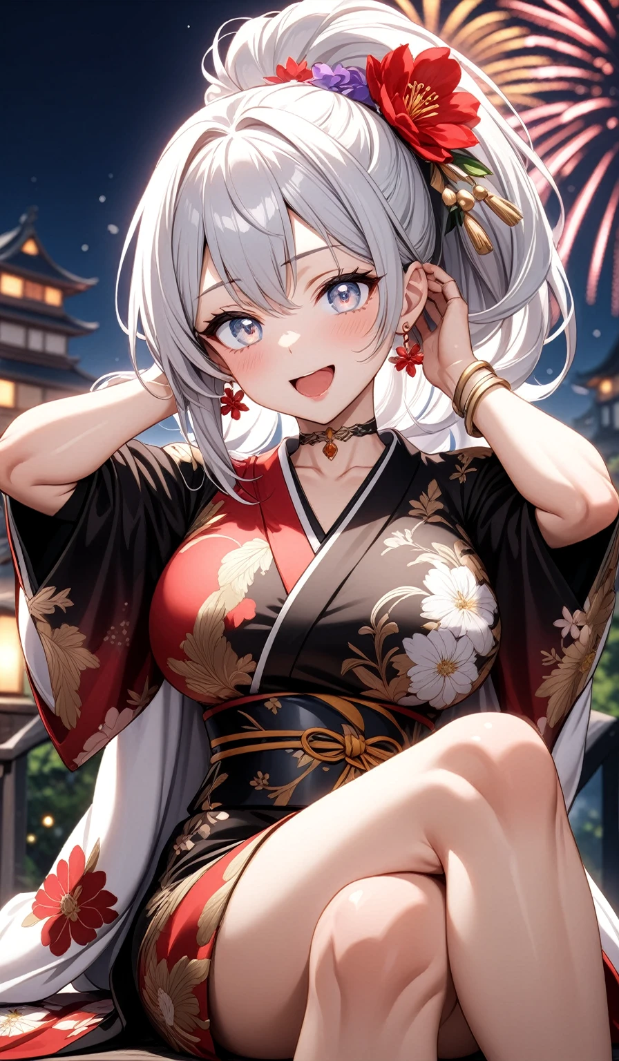 ((One personの女性)), Beautiful Face,Laughing embarrassedly,((Wink:1.7)), sit, ((crossed legs:1.4)), panty shot, Touching hair with hands,looking at viewer, Laugh with your mouth wide open,((Bright red cheeks:1.4)),Glossy Red Lips,Night view,Heights,firework,Laughing with your mouth open,Lighting on the face,((Anime style background)),masterpiece, Highest quality, so beautiful,Latest, Complex details, (Pink long nails), (ring),(bracelet),(choker),AI-generated, Complex,High resolution, Highest quality, super high quality,3D Images、3D Images,One person,Long white hair,High Ponytail,((blue eyes)),写真のポーズをとるAnime Women, ((Fine grain、Silvery white, lightly pigmented eyes、Shining Eyes:1.4)),(Squint your eyes:1.1),a hyperRealistic , hyperRealistic , Realistic,Anime Women,Smooth anime CG art, A woman in a colorful kimono with gold embroidery, (Black long sleeve kimono),Red floral pattern,Long flower hair ornament,Floral Earrings,Mature Body,(Big Breasts:1.1),Tall,Abdominal muscles,Tight waist,(Zoom up to face:1.5), (dynamic angle),
