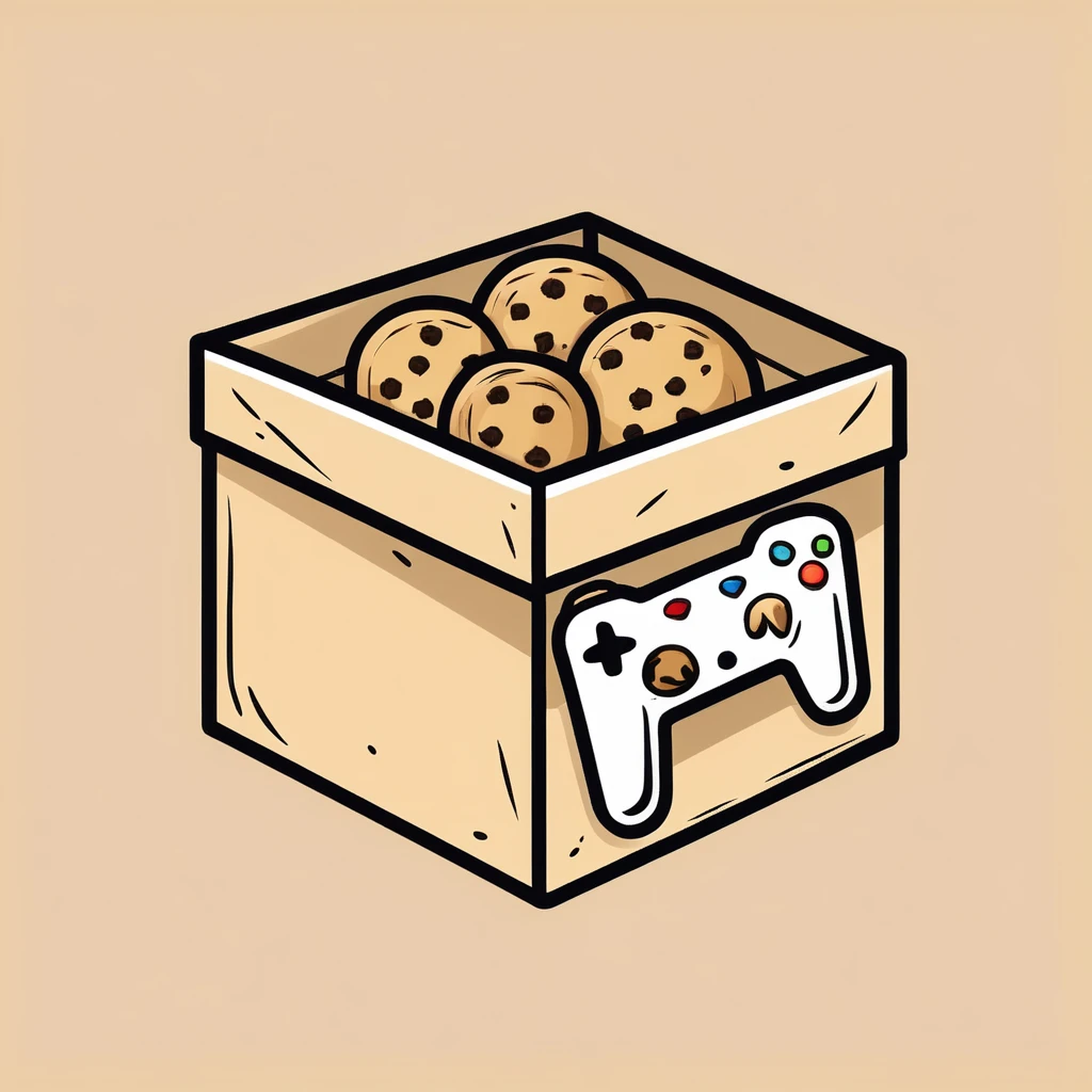 {cookie box}, { Game icons }, Worn Label, Simple Illustration, Brand Logo, Hand-Drawn Style, Moderate Saturation, solid color background, correct, logo, dusty, Realism