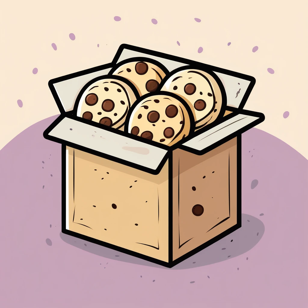 {cookie box}, { Game icons }, Worn Label, Simple Illustration, Brand Logo, Hand-Drawn Style, Moderate Saturation, solid color background, correct, logo, dusty, Realism