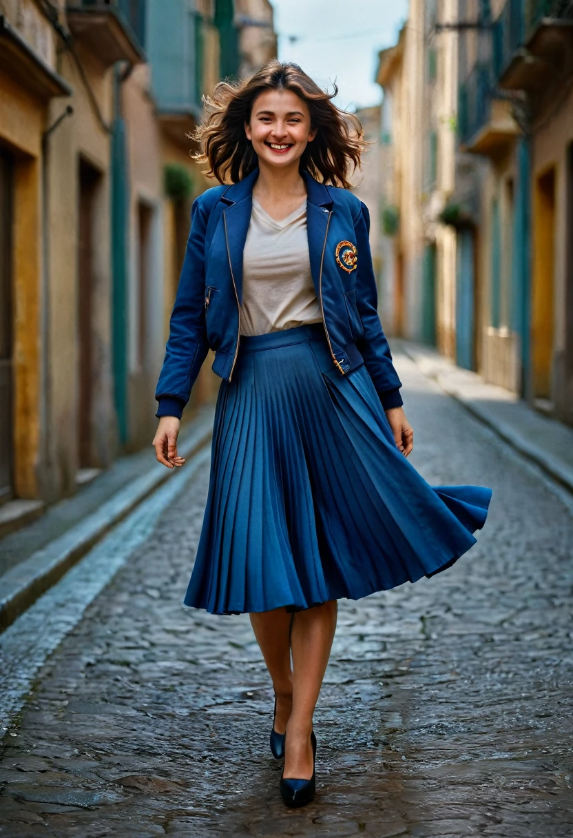 A smiling, authentic, (shy:1,3), kind, beautiful woman, is passionately in love with her skirt, wind wildly lifts her skirt, wearing uniform jacket and very, very detailed (long (fully pleated) full circle skirt) and (low heeled court shoes), very, very intricate hyper-detailed symmetric (attractive graceful young feminine face) with (sad, tired eyes and a loving smile), very voluptuous breasts, full of empathy and compassion and love, (pronounced (feminine) features), (highly detailed ultra accurate realistic) hands and fingers, (windy), epic composition, highly detailed attributes, (35mm f1.4 Kodak portra 400 photograph), extremely high quality RAW photograph, highly detailed atmosphere, sci-fi, cinematic shot, dynamic lighting, 75mm, Technicolor, Panavision, cinemascope, sharp focus, fine details, 8k, HDR, realism, realistic, key visual, film still, superb cinematic color grading, depth of field
