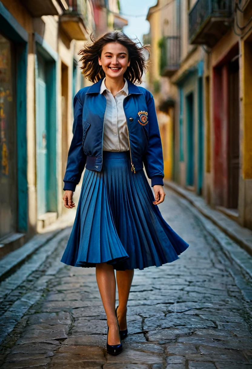 A smiling, authentic, (shy:1,3), kind, beautiful woman, is passionately in love with her skirt, wind wildly lifts her skirt, wearing uniform jacket and very, very detailed (long (fully pleated) full circle skirt) and (low heeled court shoes), very, very intricate hyper-detailed symmetric (attractive graceful young feminine face) with (sad, tired eyes and a loving smile), very voluptuous breasts, full of empathy and compassion and love, (pronounced (feminine) features), (highly detailed ultra accurate realistic) hands and fingers, (windy), epic composition, highly detailed attributes, (35mm f1.4 Kodak portra 400 photograph), extremely high quality RAW photograph, highly detailed atmosphere, sci-fi, cinematic shot, dynamic lighting, 75mm, Technicolor, Panavision, cinemascope, sharp focus, fine details, 8k, HDR, realism, realistic, key visual, film still, superb cinematic color grading, depth of field