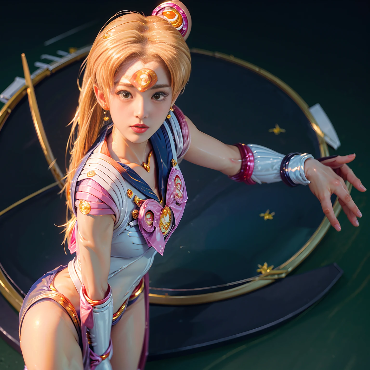 Highest quality，masterpiece，Ultra-high resolution, Very detailed, 8K，14 year old beautiful Japanese woman:1.5, Small face, Blonde, Breast Augmentation Surgery, (Detailed Sailor Moon costume:1.5), Very detailedな臭い脇の下