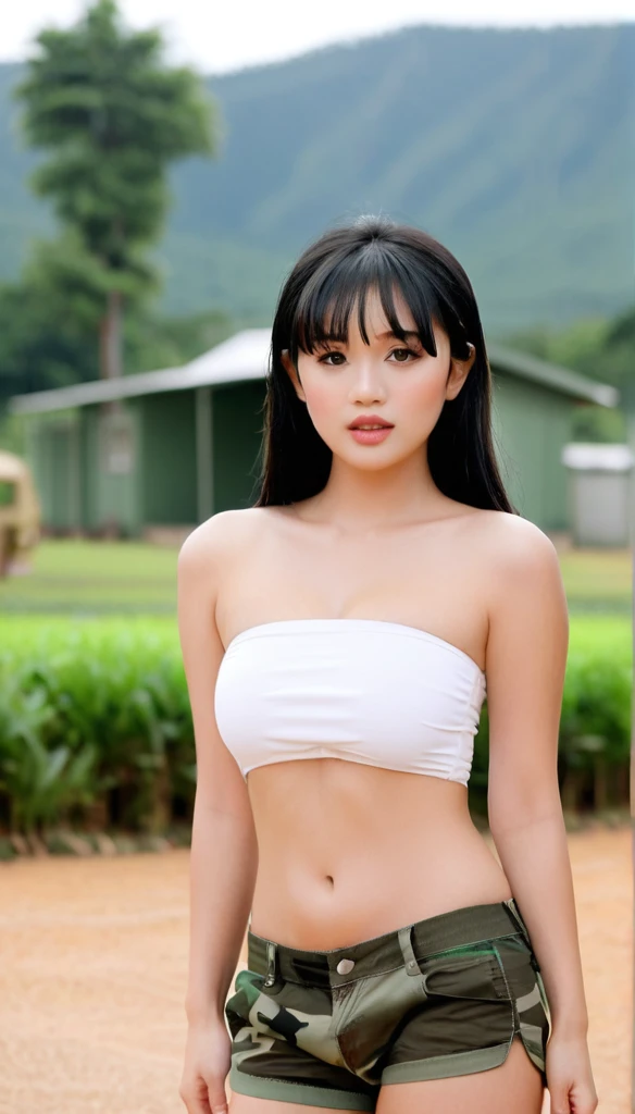 close-up of beautiful Indonesian, Amanda Manopo is a Indonesian actress and model, age 24 years old girl, youthful face, perfect body, white body skin, long hair, black hair, straight hair, flat bangs cut, 38 inches breasts size, wearing a plain white strapless tube top, wearing a tight camouflage short pants, Manopo holding breasts with her own two hands is very sexy and sigh, Manopo squeezes the breasts very seductively, Manopo lowered her strapless tube top a little bit, Manopo sits on the military training camp, Manopo pees in the military training camp with a sigh and seductive, Manopo pees, Manopo peed herself until she was wet, ((peeing self)), ((wet pee)), sexy looking pose, pose a naughty look, pose looks seductive, at the military training camp, military training camp background, UHD