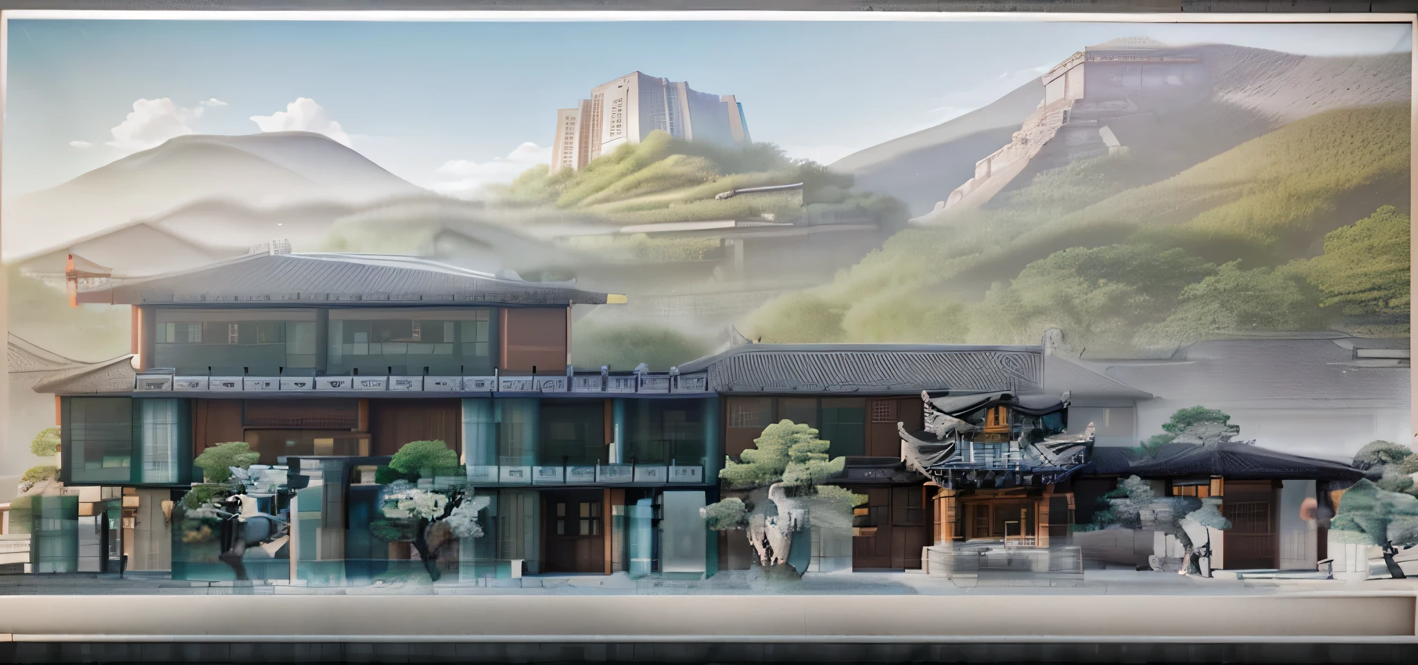 Highest quality，Chinese Ink Painting，antiquity,Rural buildings between mountains and rivers，Rectangular architecture，People view，Glass facades，Clean sky，Clean glass，Trees，Soft sunlight，Decorative Arts，Sloped roof，Best quality,Architectural Photography,Photorealism,Hyperrealism,Ultra Detailed，V-ray，（architectural design）