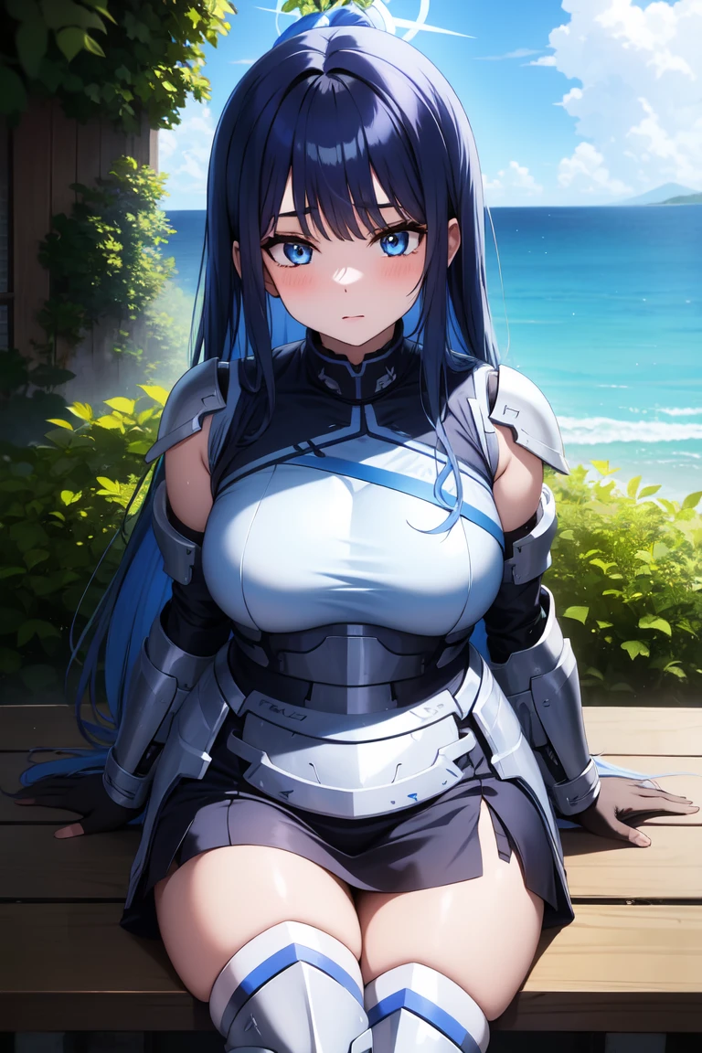 1girl,solo, saorijoumae, saori joumae, blue eyes, blue hair, halo, long hair, sitting, looking at viewer, adventurer clothes, light armor, outdoors