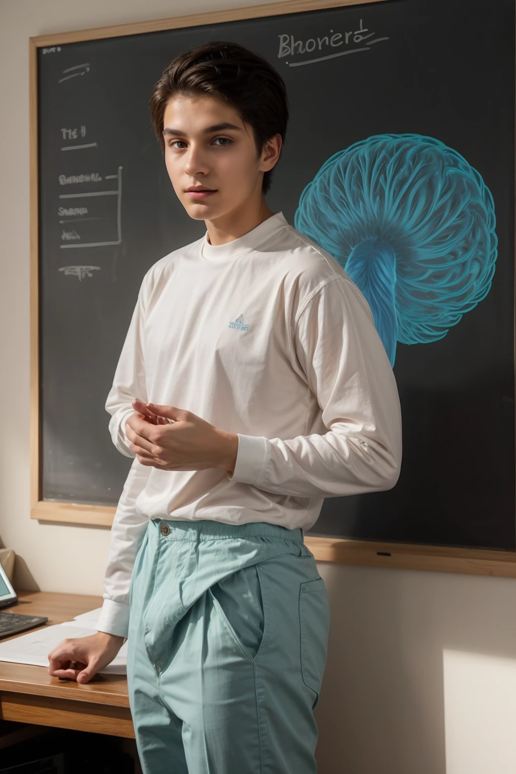 A beautiful young man, a cute male twink, with black hair, a face with reddish make-up, wearing a bright white long-sleeved shirt and aqua blue pants. He is in his office, and behind him is a blackboard on which is written the shape of the brain and its anatomy, and nuclear energy comes out of it, and he looks on proudly.