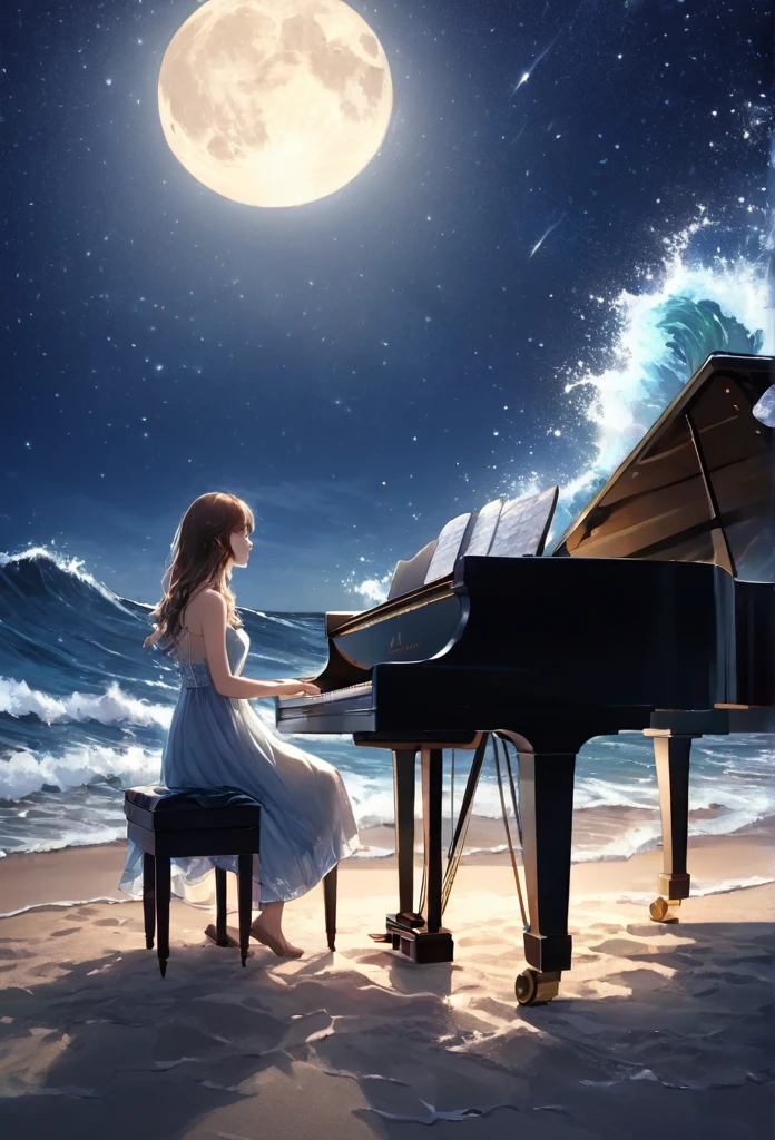 Woman playing piano on the beach at night、moonlight、Starry Sky、Wave、dress、Splash,look up, Notes in the sky, (Highest quality,Super detailed,Ultra-high resolution, The absolute solution,8K, masterpiece),