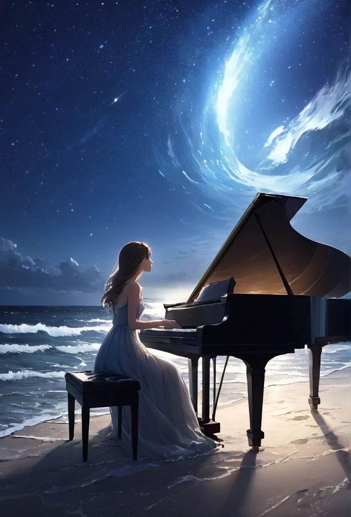 Woman playing piano on the beach at night、moonlight、Starry Sky、Wave、dress、Splash,look up, Notes in the sky, (Highest quality,Super detailed,Ultra-high resolution, The absolute solution,8K, masterpiece),