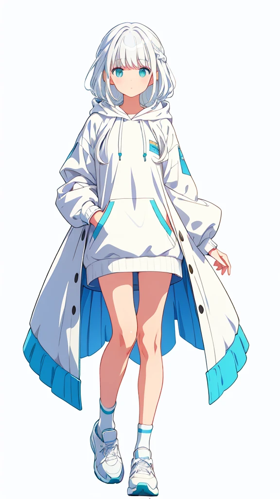 whole body、Character portrait、White Hair、Blue-green eyes、Long Hair、Straight Hair、White hoodie、White shoes、White background、Simple Background