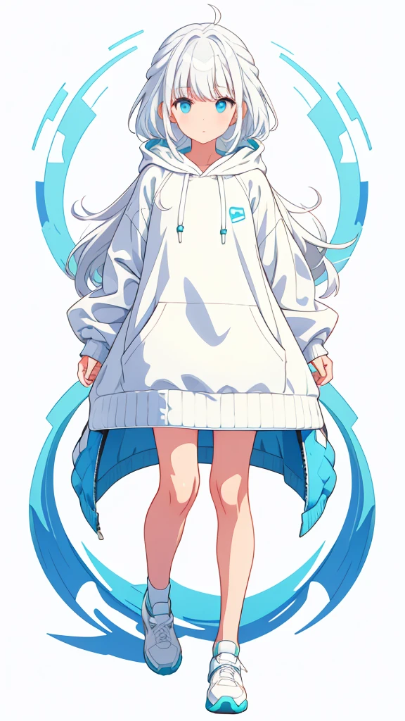 whole body、Character portrait、White Hair、Blue-green eyes、Long Hair、Straight Hair、White hoodie、White shoes、White background、Simple Background