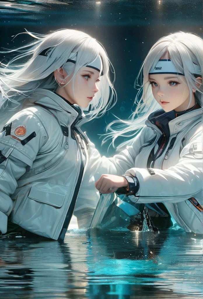 Short white hair girl, with white jacket and headband, reflected in crystal clear waters,full HD,8k,realist