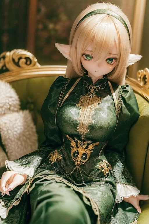 photorealistic, realistic photo, (sfw:2), ((highest quality)), ((masterpiece)), (extremely detailed), kukolnydom, doll, (mature woman:1.6), cowboy shot, solo, (skinny, slender), sitting on sofa, green eyes, almond eyes, hairband, light smile, (reclining on sofa, looking away, blank eyes, empty eyes, detailed eyes:1.3), dress, museum, 8k