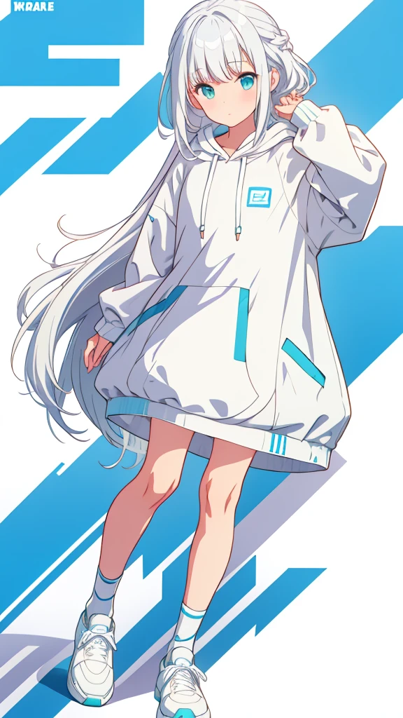 whole body、Character portrait、White Hair、Blue-green eyes、Long Hair、Straight Hair、White hoodie、White shoes、White background、Simple Background