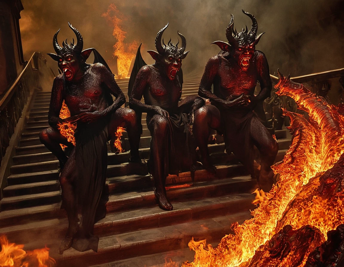 On the winding staircase of hell, the three demons are positioned on different levels:

The first demon, at the lowest level of the staircase, has his hands around his mouth, expressing a deafening scream. His contorted face shows anguish and despair, with flames all around, highlighting your presence in the hellish environment.

