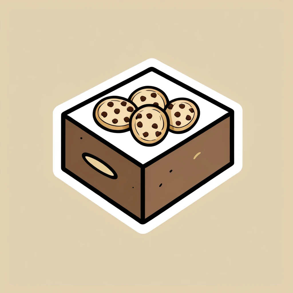 {cookie box}, { Game icons }, Worn Label, Simple Illustration, Brand Logo, Moderate Saturation, solid color background, correct, logo, dusty, Realism