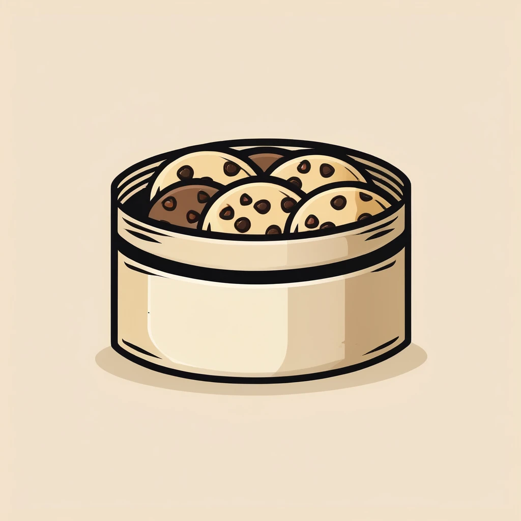 {cookie box}, { Game icons }, Worn Label, Simple Illustration, Brand Logo, Moderate Saturation, solid color background, correct, logo, dusty, Realism