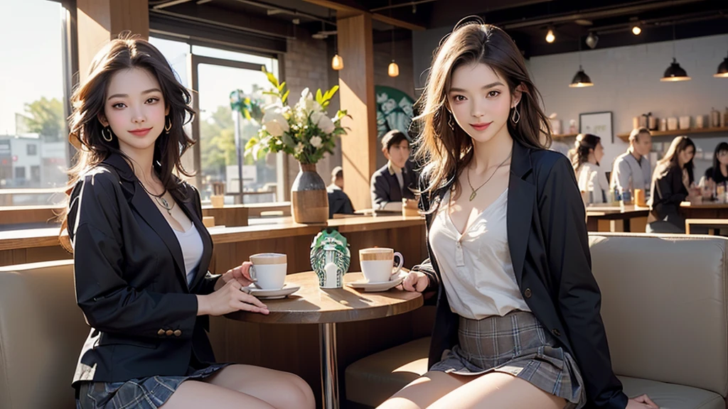 (((night,真night中))),((Perfect Anatomy:1.2,Realistic:1.3,RAW Photos:1.3,masterpiece、Highest quality、Ultra - High resolution、High resolution、Highly detailed CG、8K)),Cowboy Shot,((attractive way to sit)),1 female,alone,18-year-old、High school girl beautiful girl,Japanese,((Beautiful and graceful face and eyes:1.2,Big beautiful eyes:1.3,)),blonde,Long Hair,(Center parted hair:1.4,amount),Medium Chest,Slender body,Small Head:1.3,skinny,(Brown Skin:1.4),(Oily skin,Glowing Skin,Shiny skin,Sweat:1.2),(school uniform、Dark blue blazer jacket、Checkered pleated mini skirt),Dirty back alley、Tokyo、((Turn your body forward))
(((((Inside the Starbucks store)))))、歳のFemale studentの女、((((Eat cake、Drink coffee、smile))))、((Heart Necklace、Gold bracelet))((Young face))
(((((Stylish interior)))))、
(((Female student)))
((Emphasize cleavage))
((((Woman sitting at the window seat))))