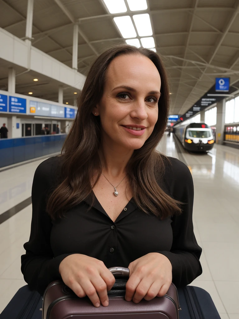 1girl, solo, photorealistic, realistic, long hair, ((ugly:1.5)), middle age, 40-year-old woman, wrinkles on her face and body, Caucasian woman, straight nose, dark brown hair, diamond face shape face, Wwhite skin, thin lips, monolid eyes, straight forehead, (medium shot, half body), Best quality, Masterpiece, (Photorealistic:1.4)Ultra-clear,,Hand detail enhancement,Light and shadow intensification,ren,Perfect facial features,Bright eyes,Pubic area is clear,Hand detail enhancement,Full body screen,middlebreast,long leges,JK skirt,blacksilk,grin,Wear casual clothes,Take photos in the waiting hall of the high-speed rail station,Hand pull suitcase,Seat background