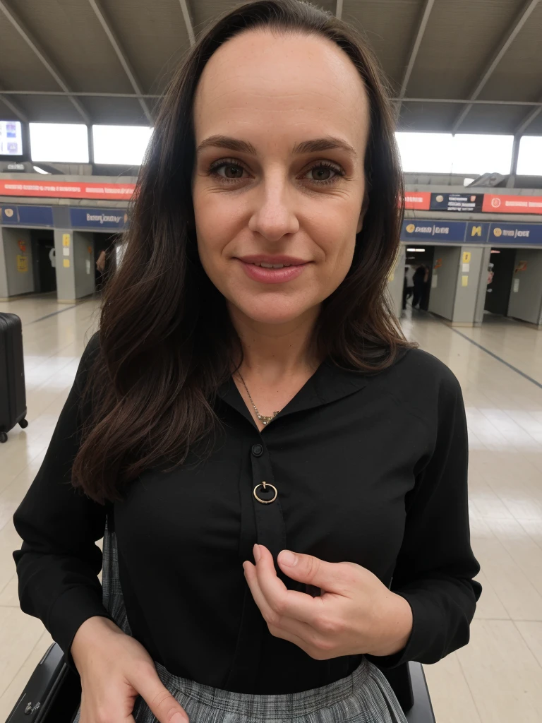 1girl, solo, photorealistic, realistic, long hair, ((ugly:1.5)), middle age, 40-year-old woman, wrinkles on her face and body, Caucasian woman, straight nose, dark brown hair, diamond face shape face, Wwhite skin, thin lips, monolid eyes, straight forehead, (medium shot, half body), Best quality, Masterpiece, (Photorealistic:1.4)Ultra-clear,,Hand detail enhancement,Light and shadow intensification,ren,Perfect facial features,Bright eyes,Pubic area is clear,Hand detail enhancement,Full body screen,middlebreast,long leges,JK skirt,blacksilk,grin,Wear casual clothes,Take photos in the waiting hall of the high-speed rail station,Hand pull suitcase,Seat background