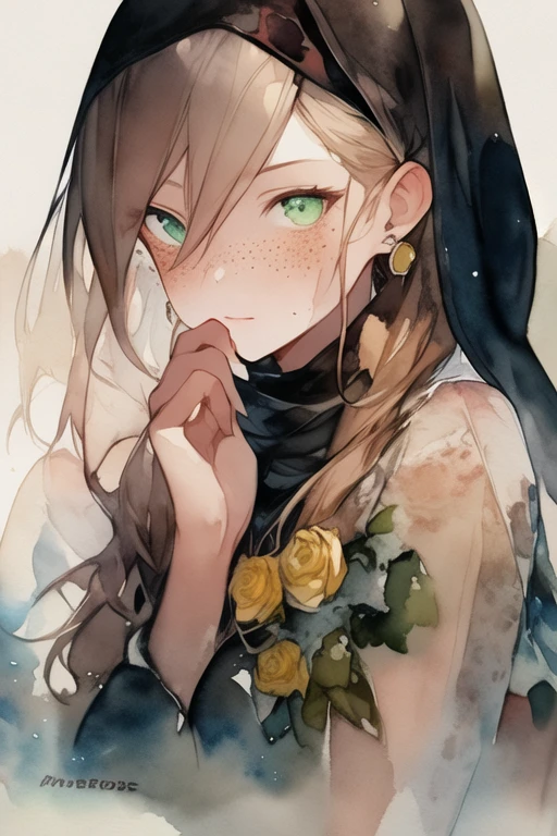 (Watercolor:1.2),1girl, bachelor, rose, sunrose,Freckles, colorize, paper, Explosions, Signature, yellow rose, Brown hair, long hair, green eyes, Hair between the eyes, rose earrings, Hijab