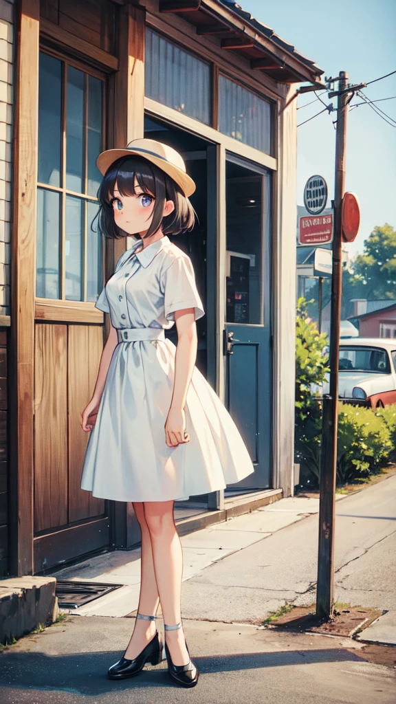 Woman standing in a rural town, A fusion of 1950s and 1960s aesthetics, 