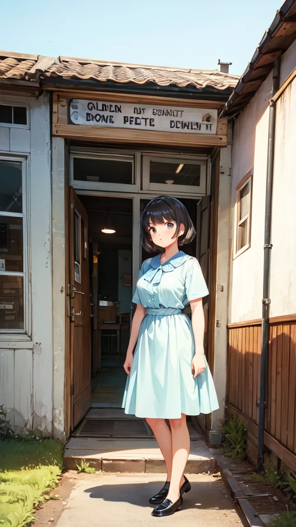 Woman standing in a rural town, A fusion of 1950s and 1960s aesthetics,