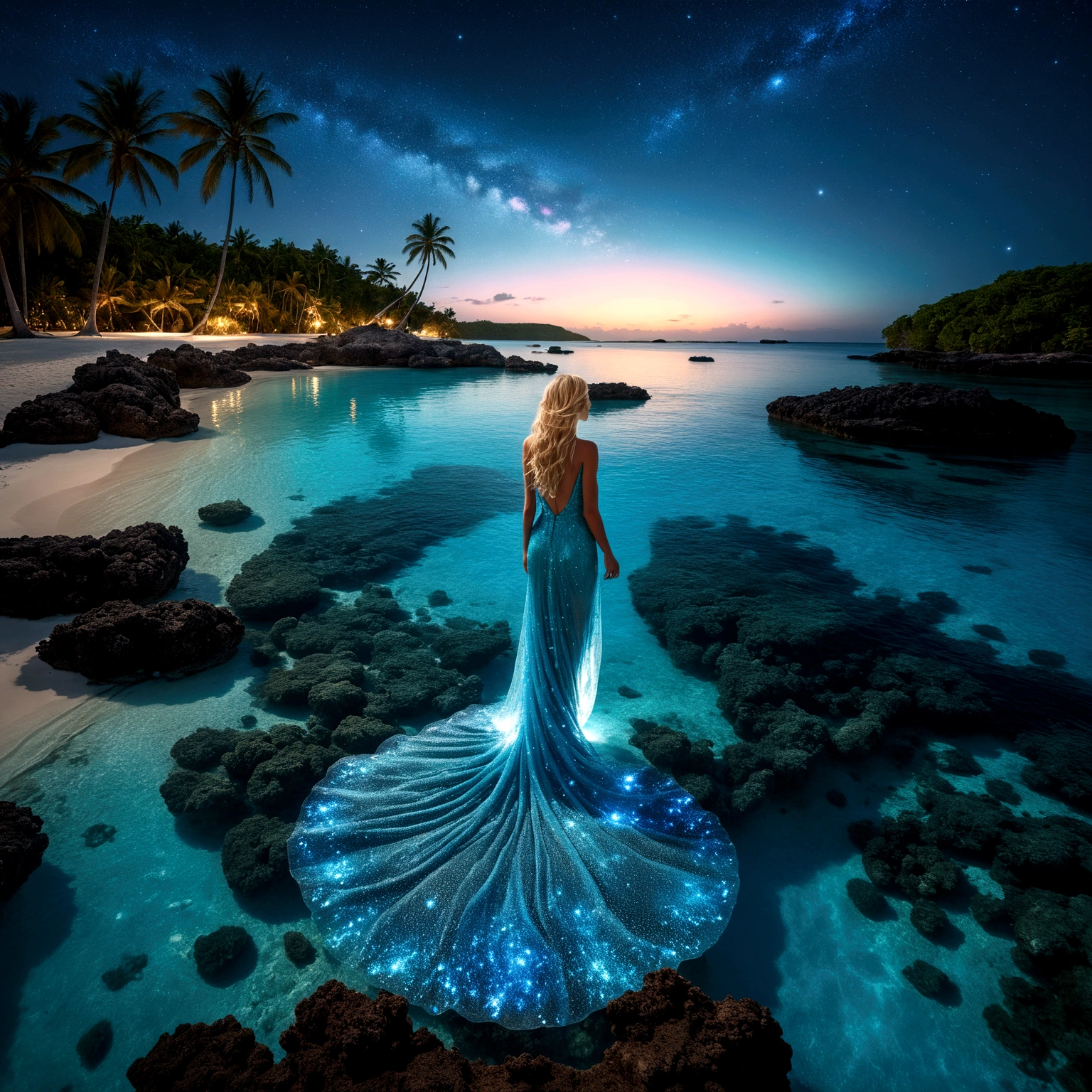 On a dark night lit by the moon, from a high vantage point, observe a turquoise blue lagoon stretching to the horizon. To the left, a beach lined with palm trees nestles under an endless crystal-clear turquoise blue lagoon with detailled huge luminescent barrier reef, luminescent fishes abd jellyfishes are revealed in detail, animated by delicate waves. In the sky, a swirling galaxy evolves into a giant blue eye, more detailed and majestic, set against a starry sky adorned with nebulae and cosmic dust.. The bright reflections of this blue eye and the starry sky intensely mirror on the water’s surface. ((Along the shore, a blonde woman with long, flowing hair, dressed in a finely detailed transparent gown that seems woven from celestial fabric, stands upright, absorbed by the wonders of the universe)). peaceful atmosphere, very saturated colors, glowing four-dimensional, HDR, the best quality. elegant, fantasy, intricate, 8k, beautifu,l high detail, award winning, fantastic view, high definition, crisp, quality, colourful, hdr, cinematic, postprocessing, top view, beautiful, turquoise blue ocean, beautiful reflections, good water clarity, beautiful colors.